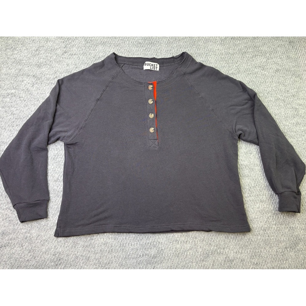 Bucket List Womens Medium Charcoal Gray Henley Raglan Pullover Sweatshirt T2037